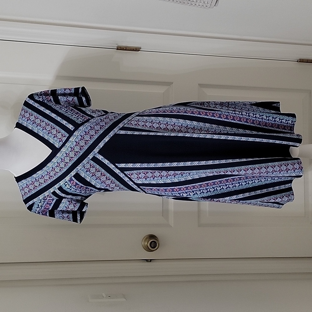 BCBGMaxAzria Size M "Jeanine" Dress, Blue PInk Reptile-ish Stripe, Jersey Feel